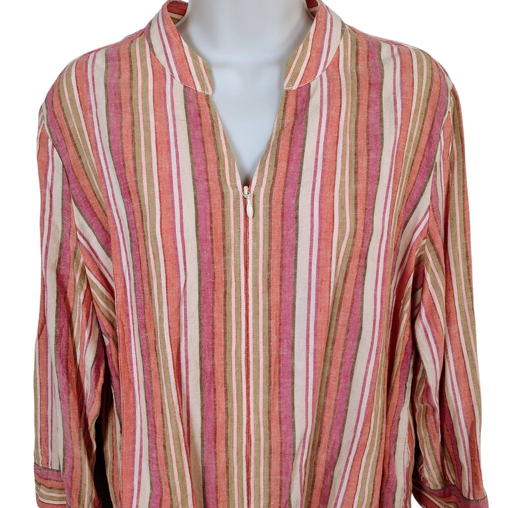 Christopher & Banks Pink Green Striped Linen Blend Zip Front Blouse Large costal